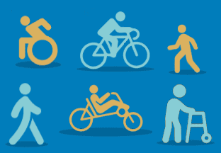 A blue block with 6 stick figures, top left to bottom right it follows, active posed wheelchair user, individual on a Bicycle, walking figure, walking figure, recumbent cyclist, figure using a walking frame.