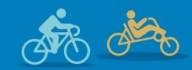 two stick figures, one on a bicycle and one on a recumbent cycle, blue background