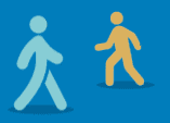 Two stick figures in a walking pose, blue background