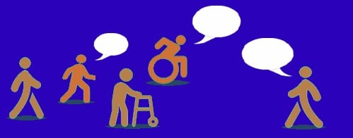 Stick figures in various poses some of whom are using mobility equipment are represented against a blue background with white speech bubbles around them