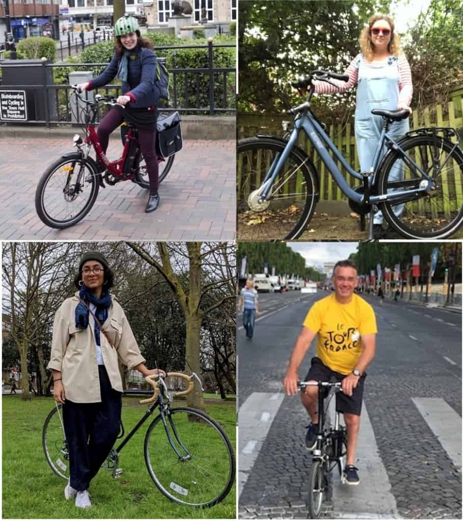 4 photographs in a square, each is of a person holding or riding a two wheeled bicycle. They are all in different streets with various dress styles, one with a helmet, one with sunglasses, all smiling. Two have panniers, one is on a folding bicycle, three are in blue coloured clothing, one is in a bright yellow t-shirt. None of them have any visible impairment.