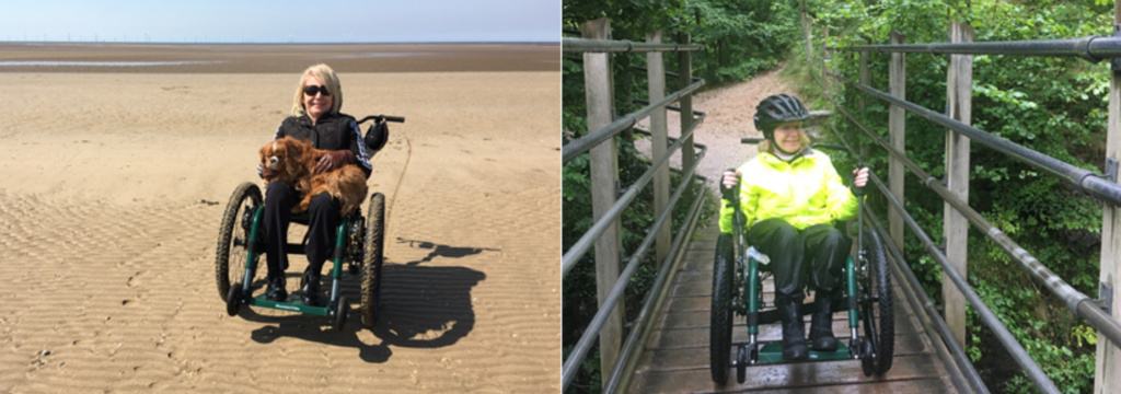 Two images side by side. On the left a woman with a dog on her lap sits in a Mountain Trike in a wide expanse of sand (likely a beach). On the right a woman in a high-vis yellow jacket and cycling helmet is crossing a bridge on a Mountain Trike, the bridge is wooden planks and there is forestry behind her. 