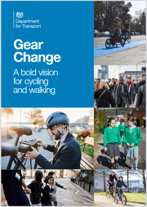 The front page of the Gear Change report. it has a Department for Transport logo and images of people cycling and walking in everyday life.