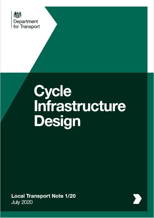 Front page for the Cycle Infrastructure Design document, it is green and dark green with geometric patterns on it. a Department for Transport logo in the top left and the words Local Transport Note 1/20 July 2020 on the bottom left of the image. 