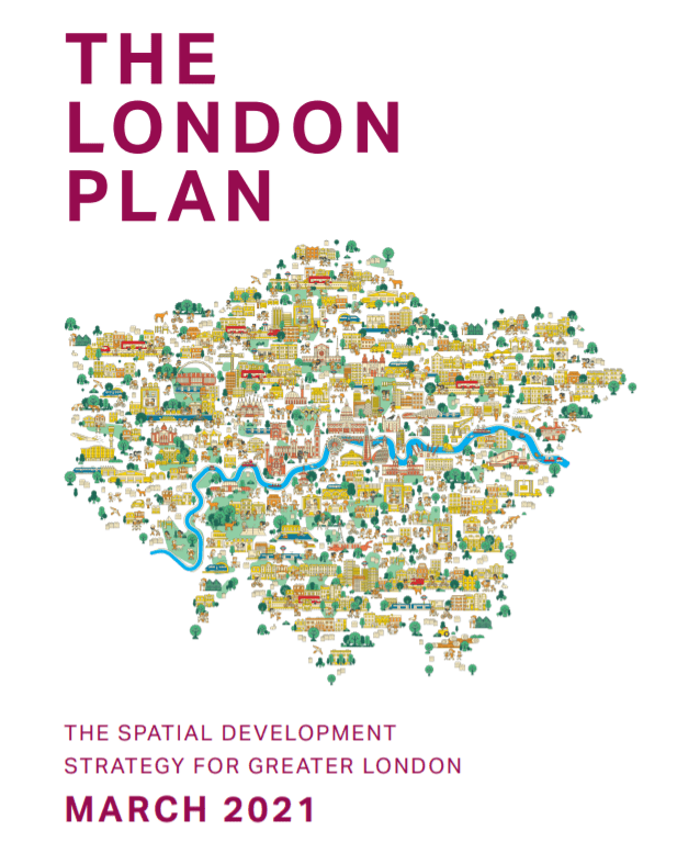 Image from the front of the London Plan document, it shows the shape of London's wider map made out of images of buildings, parks, people, and cars. The Rive is visible running through the whole city as a thick blue wiggly line. 
Below the image is the words "The spatial development strategy for greater London March 2021" 
