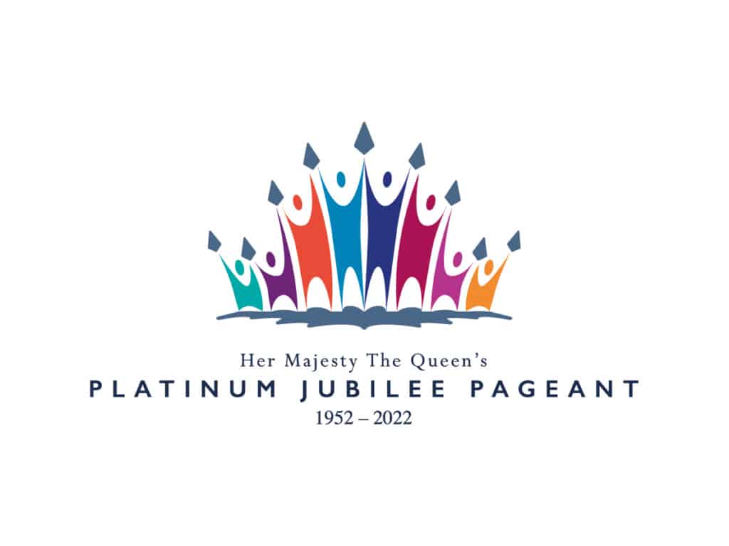 Platinum Jubilee Pageant Logo - Multicoloured crown shaped logo which reads 'Her Majesty the Queen's Platinum Jubilee Pageant 1952-2022'