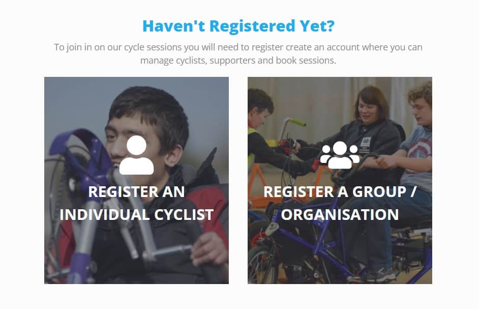 A screenshot of a web page for cyclist registration. Two photos overlaid with text the top reads Have you registered yet?