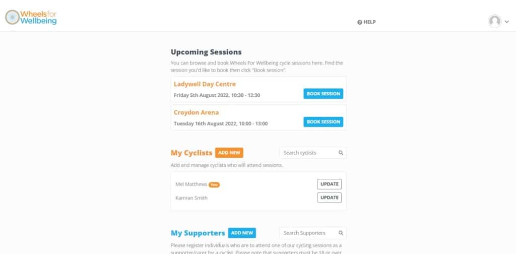 A screen shot of our online booking page - screen shows upcoming sessions available, my cyclists and other information about booking a session