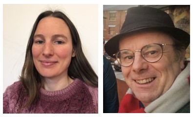 Two head shots placed side by side. The first is a white woman in with long, straight dark hair and a purple jumper and the second is a white man wearing a red and grey scarf, a brown hat and brown rimmed round glasses.