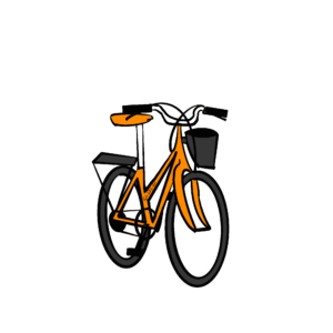 Drawing of an orange upright-style bike with a dark grey basket on the front and pannier rack on the back. Signature on the frame reads "Kate Ball for WfW"