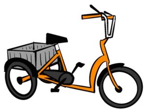 Hand drawing of orange tricycle with grey carrier and black wheels