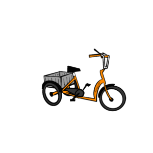 Drawing of orange tricycle with grey rear basket and black wheels