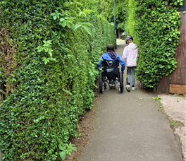 A person using a scooter and a person using a wheelchair are going away from the camera down a narrow path between two high privet hedges.