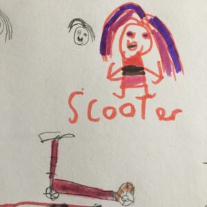 A felt tip and pencil drawing of a person and a scooter. The word "scooter" is written across the middle in orange pen. There is a disembodied head in pencil next to the person.