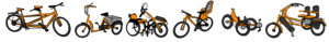 Drawings of different cycles in orange and black. From left to right, tandem bike, upright trike, clip-on handcycle, bicycle with rear child seat, recumbent trike, side-by-side tandem.