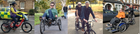 Four photos of people using non-standard cycles. From left to right: A person riding an upright trike on a protected cycle lane past an ambulance. A person riding a recumbent trike in a park Two people riding a tandem bike through a park Two people riding a wheelchair carrier trike down a residential street