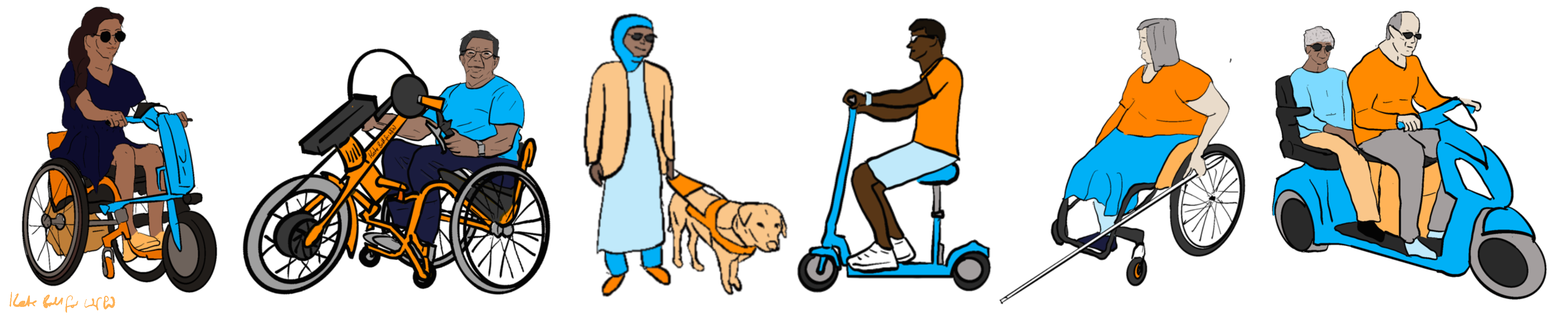 SSix e-powered active travel options for Disabled people. From left to right, a person using an e-attachment on a manual wheelchair, a person using a clip-on e-assist handcycle with a manual wheelchair, a person walking with a guide dog, a person sitting on a 2-wheeled e-scooter, a person using a manual wheelchair and long cane, two people sitting on a tandem mobility scooter.