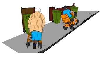 A person using a rollator and a person using a mobility scooter are struggling to negotiate a pavement which has steep crossfalls resulting from badly-made driveway crossovers, combined with wheelie bins left on the flattest bits of the pavement.