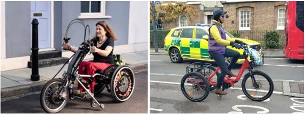 Two photographs. The one on the left depicts a white woman with long hair cycling an e-assist handcycle along a quiet residential street. The second photo shows a woman of colour with a cycle helmet riding an upright e-trike on a main road. 