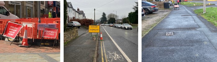 Three photos, from left to right:
Roadworks barriers with two white on red signs. The left hand sign reads "cyclists dismount and use footway". The right hand sign reads "footway closed".
A yellow and black "cyclist dismount" sign part-obstructing a footway and making an already inaccessibly-narrow cycle lane on a 40mph busy road hazardous by forcing cyclists into the path of vehicles overtaking.
A footway with multiple street old "repaired" street works trenches crisscrossing it. The trenches have been reinstated badly and have settled, leaving multiple ridges and trip hazards across the footway.