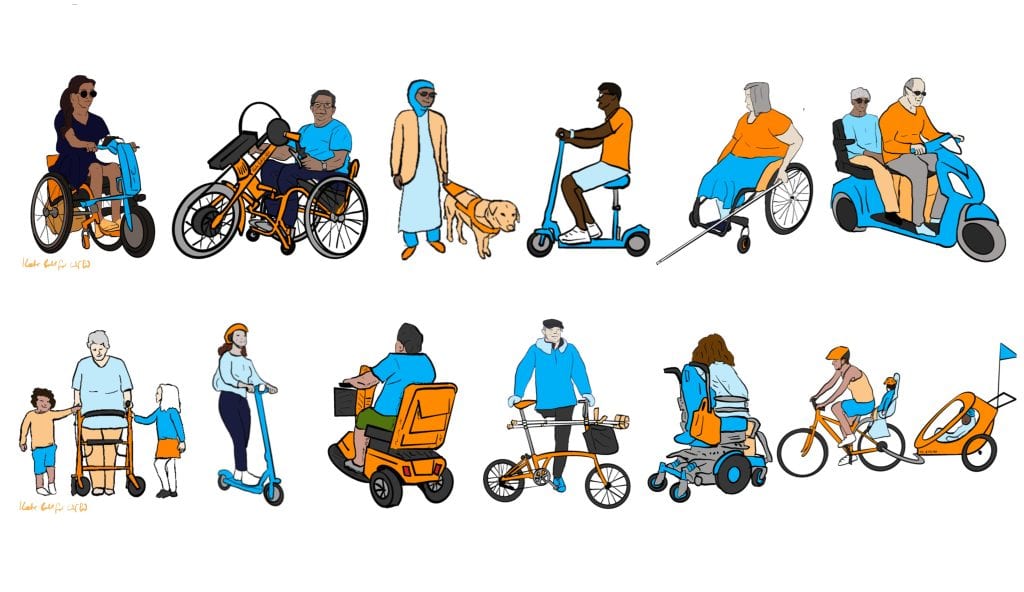 A cartoon showing 12 different Disabled and/or elderly people, each with a different mobility option or aid: an e-handcycle attachment, a manual handcycle attachment, a guide dog, a mobility scooter, a wheelchair, a two-person scooter, a zimmer frame, an eScooter, a folding bike, a powerchair, and a trailer.