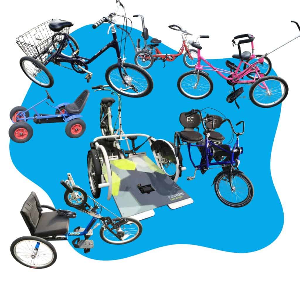 White background with a blue splash. Over the top of the image are a number of pictures of non-standard cycles for children- trikes, recumbents, balance bikes and quad cycles