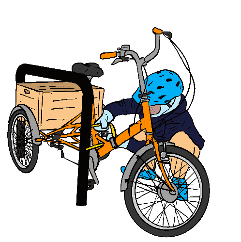 Drawing of a young person wearing a bright blue cycle helmet crouching behind a trike and attempting to lock the trike frame to a Sheffield stand using a yellow D lock. The trike has a basket on the rear. The rear right wheel and a portion of the basket have been manoeuvred into the middle of the Sheffield stand arch, so that they are on the "wrong" side of the stand. It is clear that the part of the cycle which needs to lock to the stand can only be got close enough for the D lock to fit by putting the trike so it overlaps both sides of the Sheffield stand, either with its front or rear. This effectively means it uses up two bicycle parking spaces - or more if this stand is part of a close-spaced row.