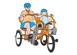 An illustration of a child and an adult riding a side-by-side tricycle together