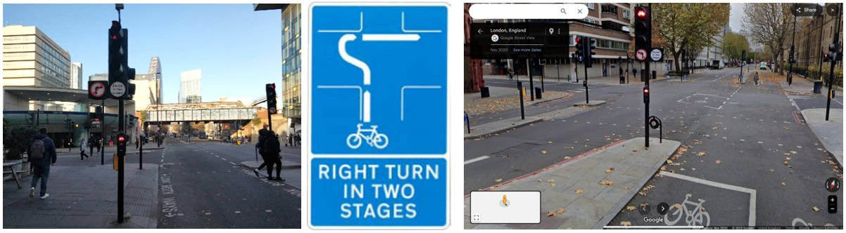Three images of two stage turns:
Left - photo of a two-stage right turn taken from the first stage of the turn. The second stage waiting area is somewhere in the middle distance across the junction. 
Middle - a blue and white "right turn in two stages" sign showing a diagram of a cycle route through a crossroads
Right - Streetview screenshot of a two-stage left turn out of a two-way cycle track. A painted box containing a painted bike and arrow in the middle of a crossroads shows where cyclists are supposed to wait for the second stage.