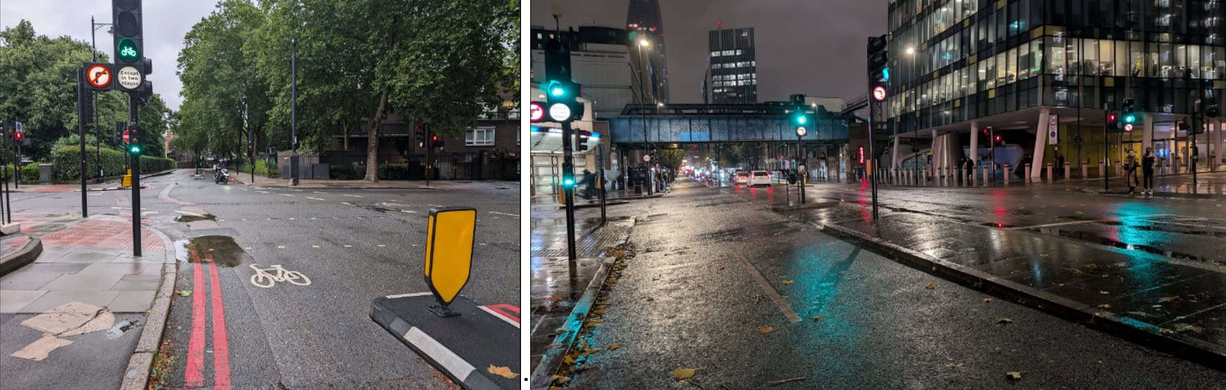 Two photos of two-stage right-turn junctions. On the left, a two-stage right turn from a one-way cycle track in daylight and clear weather. On the right, a two-stage right turn from a two-way cycle track in rainy weather at night.