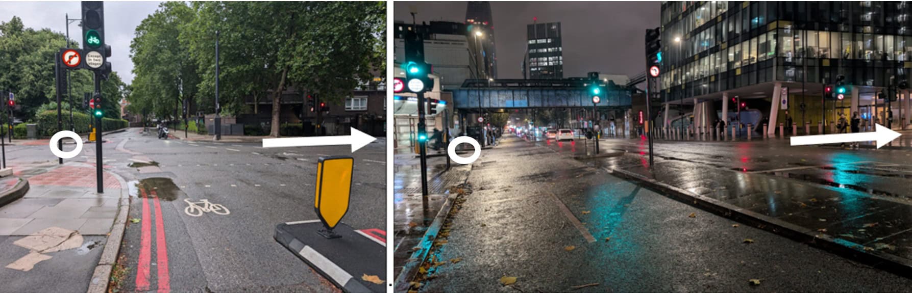 The same two-stage junction photos as above, with a white circle added to each on the left hand side showing the cycle waiting area in the middle distance, essentially invisible. An arrow shows the right turn location which will be behind the waiting cyclist in each case. Essentially, these junctions are really, really confusing for people who don't know the area well, even to experienced cyclists.