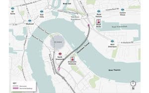 a map of the Silvertown tunnel placement on the river Thames