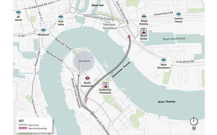 a map of the Silvertown tunnel placement on the river Thames