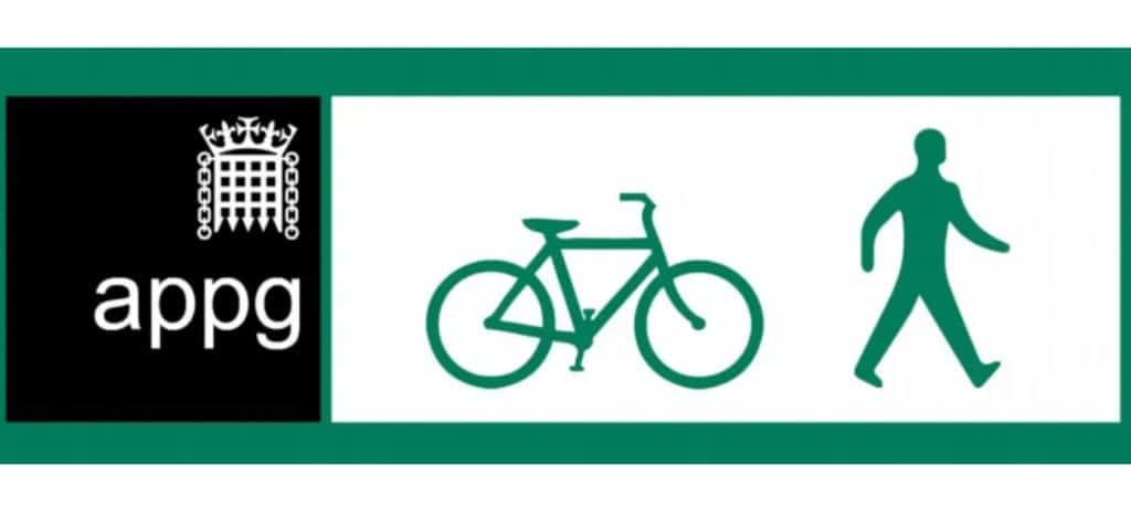Graphic denoting the All-Party Parliamentary Group on Cycling and Walking. On the left is the portcullis graohic for Government departments and the letters 'appg'. On the right are graphics for a bicycle and a stick figure walking,