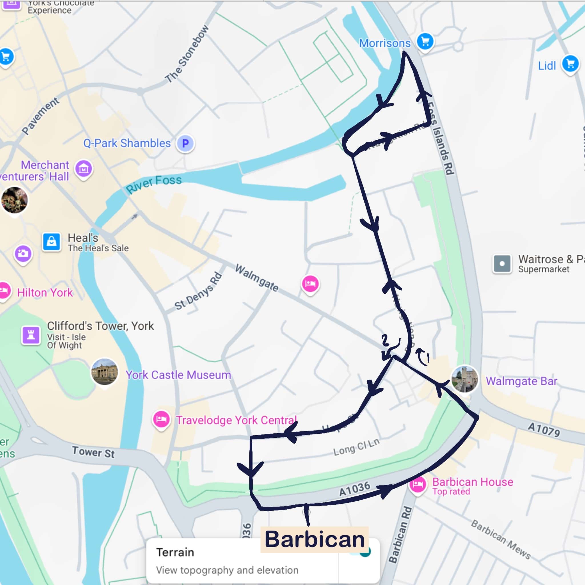 Screenshot from Google Maps with a route marked on in dark blue, Barbican labelled at the bottom.