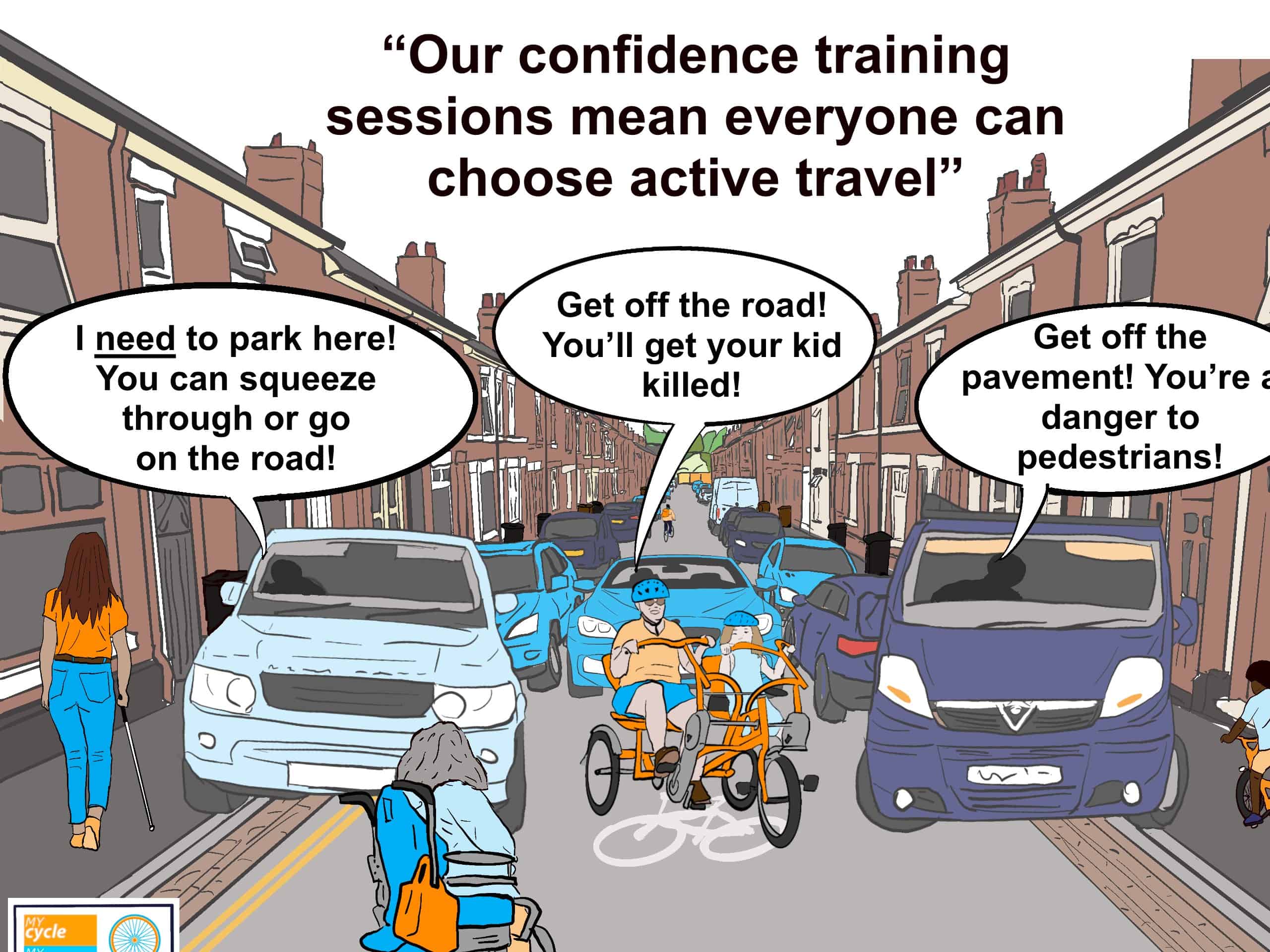Graphic titled "Our confidence training sessions mean everyone can choose active travel". A busy terraced street has pavement-parked cars down both sides. A long cane user is trying to get down the left pavement. A driver in a pavement-parked SUV on double yellow lines is shouting "I need to park here! You can squeeze through or go on the road!" A powerchair user is driving down the road, while an adult and child on a side-by-side tandem are cycling towards us. A driver coming up the road is shouting "Get off the road! You'll get your kid killed!" A child on a small bike is riding down the right hand pavement, while a driver in a pavement-parked van shouts "Get off the pavement! You're a danger to pedestrians!"