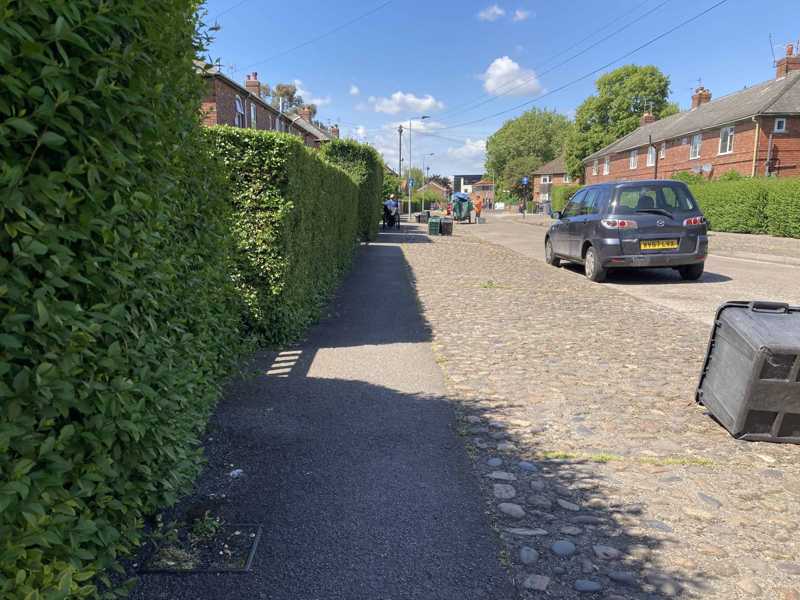 A wide footway down a residential street - except most of the footway width is cobbled, so inaccessible (to right) and privet hedges narrow the usable width severely (to left). Fallen bins indicate likelihood of footway obstruction with bins especially in windy weather.