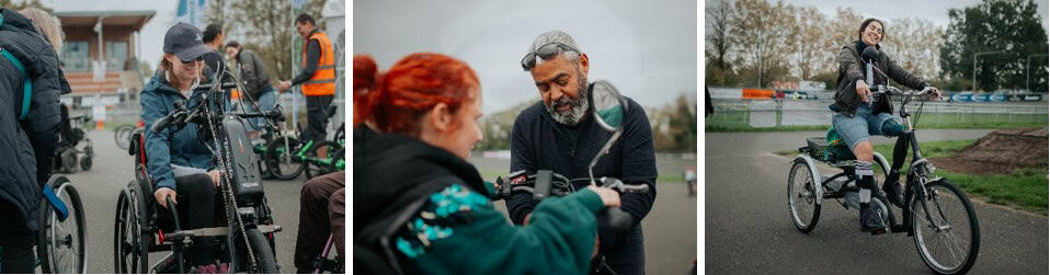 Row of three photos of people using cycles. On the left, a person using a manual wheelchair testing out a clip-on handcycle amongst a group of other people using wheelchairs and cycles. In the middle, a person is seated on a cycle and a second person is helping them adjust it. On the right, a person with a blowing open jacket, denim shorts, prosthetic leg and leg brace is riding an upright e-trike around a track and smiling happily at the camera.