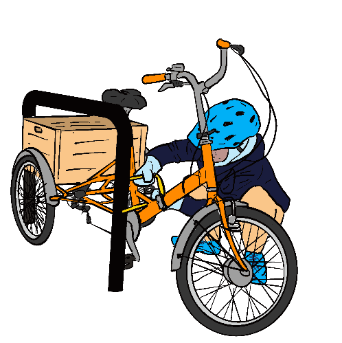 Drawing of a young person squatting beside their tricycle attempting to lock it to a Sheffield stand. Part of the tricycle is underneath the Sheffield stand, and it's clearly difficult for the person to get their D lock to reach around the trike and the stand.