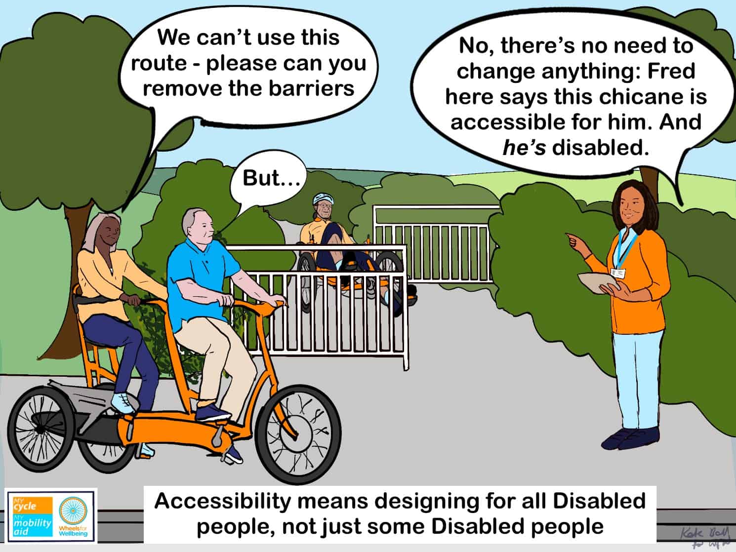 Cartoon titled "accessibility means designing for all Disabled people, not just some Disabled people".Two people using a tandem trike are talking to a standing official wearing a lanyard. They are next to chicane barriers and a person using a recumbent trike is riding through the barriers. The woman on the rear of the tandem is on a supportive seat that has a waist belt. She's saying "We can't use this route - please can you remove the barriers" The standing official is pointing at the man on the recumbent trike and saying "no, there's no need to change anything: Fred here says this chicane is accessible for him. And he's disabled." The man on the front of the tandem is saying "But..." 