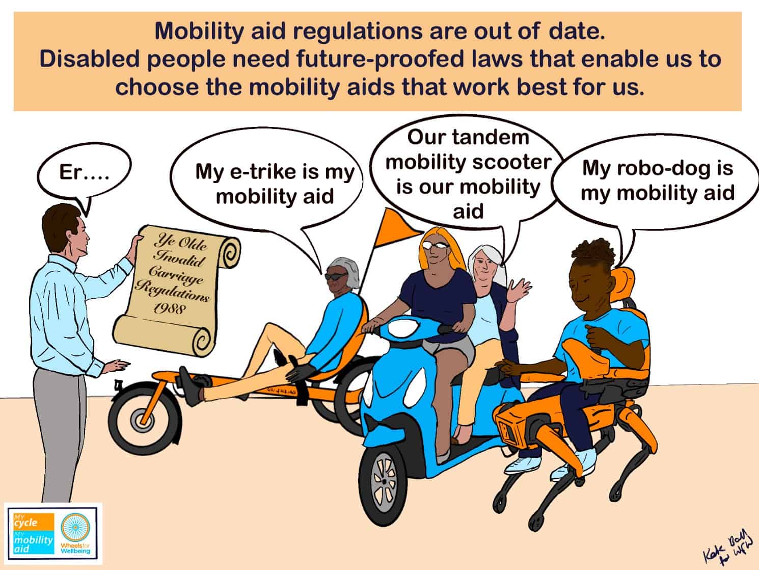 Graphic titled "mobility aid regulations are out of date. Disabled people need future-proofed laws that enable us to choose the mobility aids that work best for us."There are three mobility aids shown - a recumbent e-trike with one rider, an in-line tandem mobility scooter with two riders, and an invented robot dog based on a Boston Dynamics walking robot combined with a powerchair, with one rider. The people using these devices are saying: "My e-trike is my mobility aid" "Our tandem mobility scooter is our mobility aid" "My robo-dog is my mobility aid". A man standing on the left is holding a scroll which reads "Ye olde invalid carriage regulations 1988" and saying "Er..." 