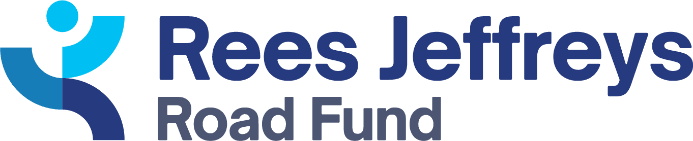 Logo of Rees Jeffreys Road Fund, in blue and grey words with a three tone blue abstract symbol on the left of the words