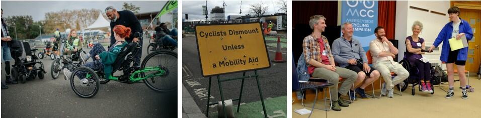 A banner of three photographs illustrating the different strands of work at Wheels for Wellbeing (WfW). The first shows a woman trying out a recumbent trike with an inclusive cycling instructor at her side. The second shows a sign at road works that reads "Cyclists dismount unless a mobility aid" illustrating a WfW campaign. The third shows four people at a panel discussion at a cycling summit, representing WfW contributing to knowledge.
