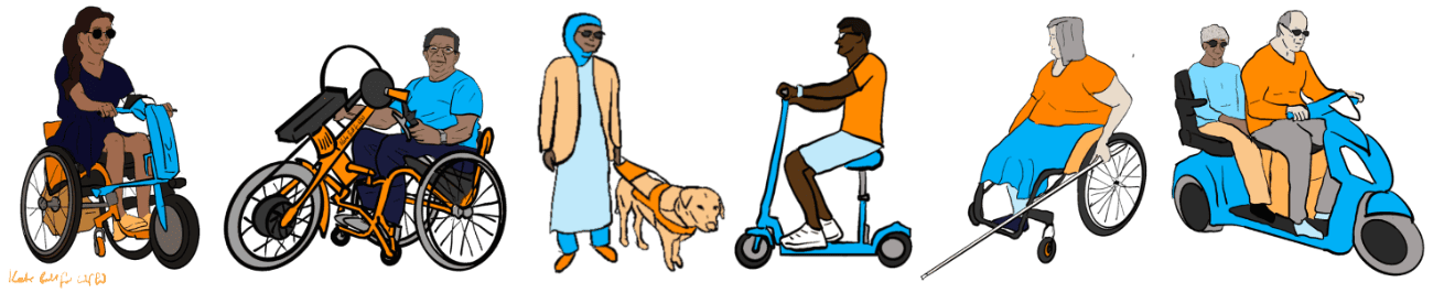 Banner of drawings of people using different mobility aids. From left to right: A person using a manual wheelchair with a power attachment; a person using a manual wheelchair with an e-assist handcycle attachment; a person walking with a guide dog; a person using a sit-on e-scooter; a person using a manual wheelchair and a long cane; two people riding an in-line tandem mobility scooter.