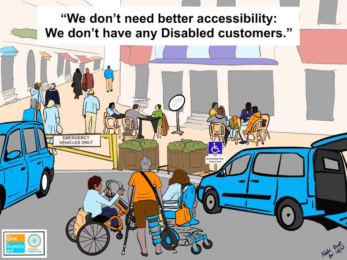 Graphic shows in foreground three people, one using a powerchair, one with a leg brace and crutches and one using a manual wheelchair with clip-on e-handcycle together next to an open wheelchair accessible vehicle.Beyond them is a pedestrianised shopping street with café tables, people walking and steps up into every shop. Between the Disabled people in the foreground and the pedestrianised street is a parked taxi, planters blocking a tactile-paved dropped kerb, a sign saying “blue badge holders only 3 hours max” and a big yellow barrier with an “emergency vehicles only sign”. The Disabled people clearly cannot get to the pedestrianised space. Caption at the top reads “We don’t need better accessibility: We don’t have any Disabled customers.” In the bottom left is the Wheels for Wellbeing orange and blue logo and the My Cycle My Mobility Aid logo. There is a signature “Kate Ball for WfW” in the bottom right. 