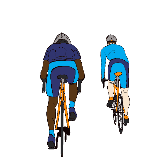 Drawing of two men wearing lycra outfits and helmets riding drop-handlebar sporty-type bikes