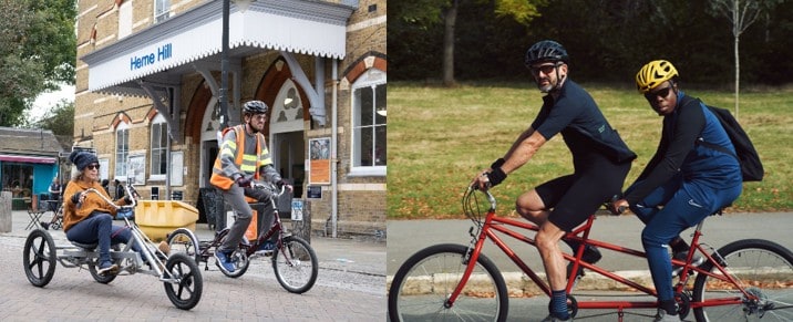 Photo strip of two images of Disabled cyclists. From left to right: A woman on an easy-rider style semi-recumbent trike and a man on an upright delta trike outside Herne Hill station; Two people on a tandem riding along a road in a park.
