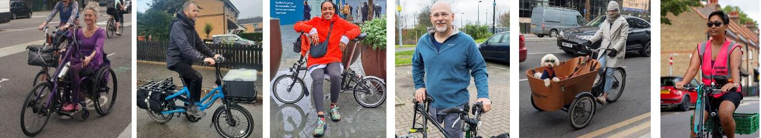 Photo strip of six Disabled cyclists. From left to right, a woman riding a wheelchair with clip-on handcycle, a man on a longtail cargo bike, a woman sitting sideways on a folding bike, a man standing with crutches leaning on a bike, a woman riding a cargo trike, a woman riding a tadpole trike.