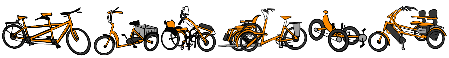 Drawings of six non-standard cycles. Left to right, an upright tandem, and upright delta trike, an e-assist clip-on handcycle attached to a manual wheelchair, a wheelchair transporter trike, a recumbent tadpole trike, a side-by-side tandem delta trike 