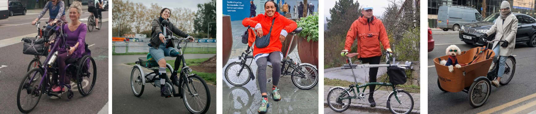 Photo strip of Disabled people using cycles. From left to right, a person using a manual wheelchair with a clip-on e-handcycle attachment, a person riding an e-trike, a person sitting on a standard folding bike, a person standing by a similar folding bike that has crutches clipped to it and with only one pedal crank, a person riding a cargo trike with gear and brake controls all on the right side of the handlebars.